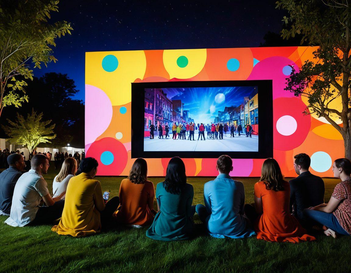 A vibrant cinematic scene capturing a diverse group of people engaged in unconventional movie experiences, such as outdoor screenings, interactive installations, and immersive theaters. Include elements of unique film genres blending together, like surrealism and experimental art. Showcase rich colors and dynamic expressions that convey excitement and curiosity. The background features abstract film reels and pop art motifs to emphasize the creative aspect. super-realistic. vibrant colors. cinematic style.