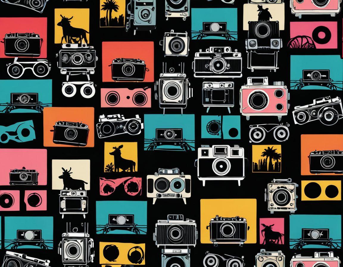 A captivating montage of unconventional film imagery, including abstract visuals, unique character designs, and surreal landscapes blending together. Incorporate elements of vintage film reels and vibrant color palettes that evoke creativity and curiosity. Add silhouettes of classic film cameras in the background and an artistic text overlay that reads 'Unconventional Films'. super-realistic. vibrant colors. cinematic style.